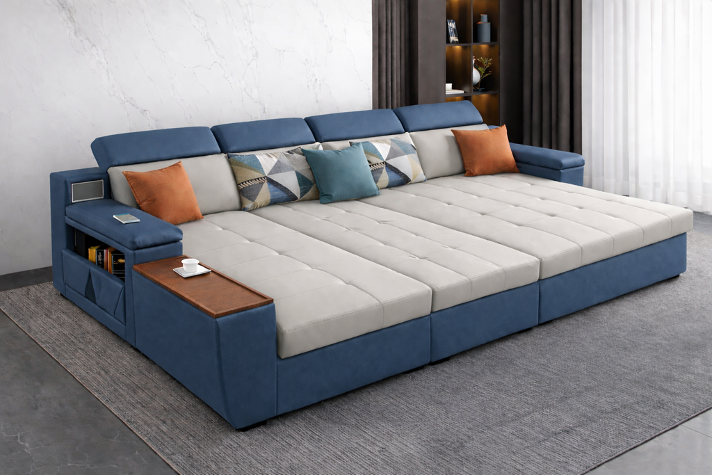 Cloudnest Luxe (M) 4-Seater Sofa Daybed in Blue & Beige Grey