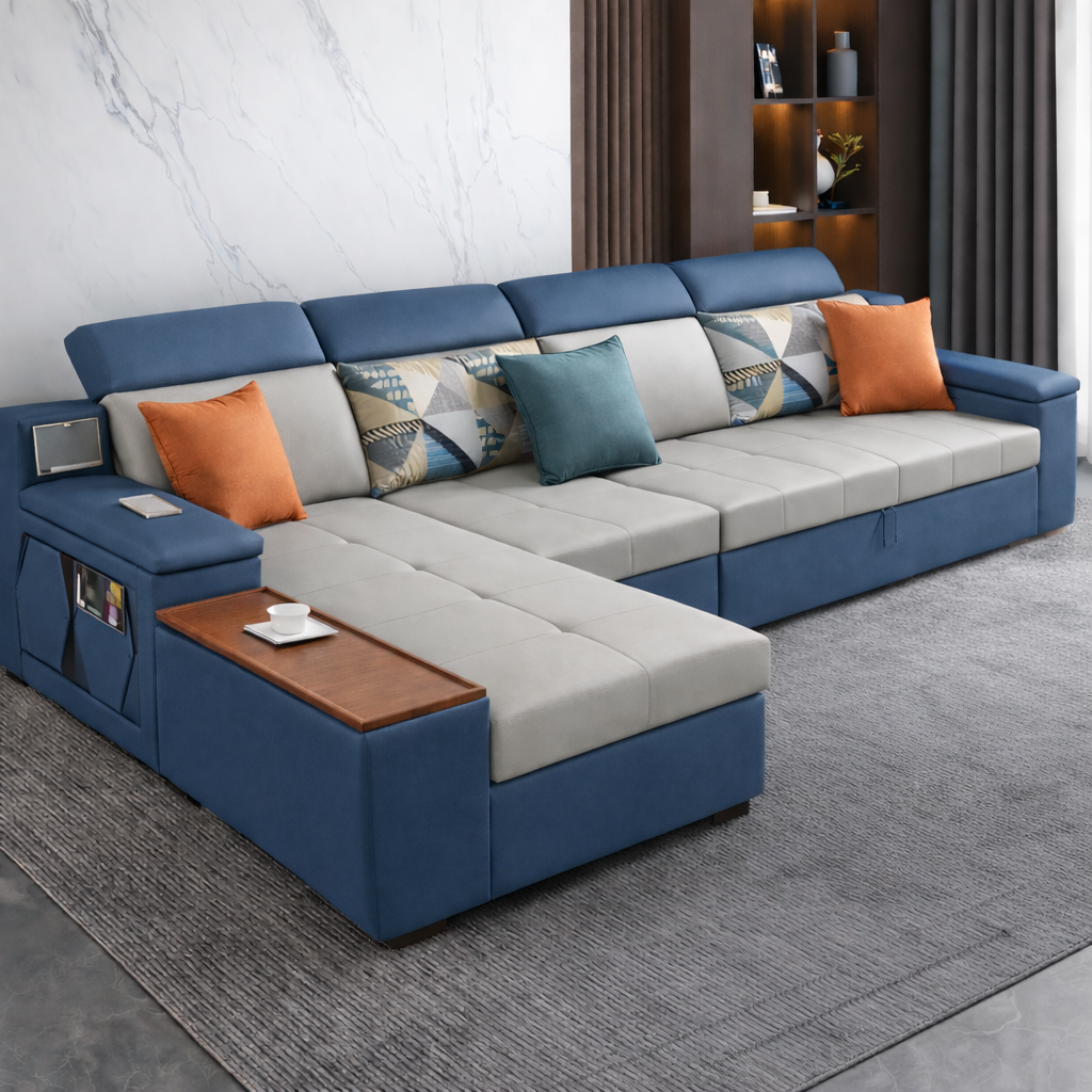 Cloudnest Luxe (M) 4-Seater Sofa Daybed in Blue & Beige Grey
